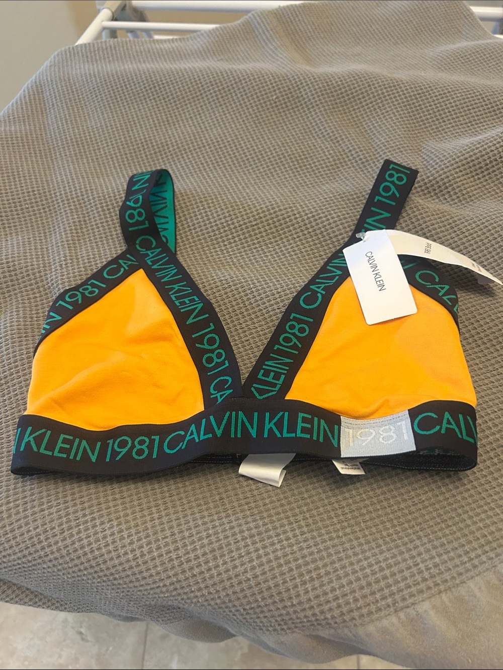 Calvin Klein Yellow Triangle Bralette with Teal Logo Trim NWT medium
